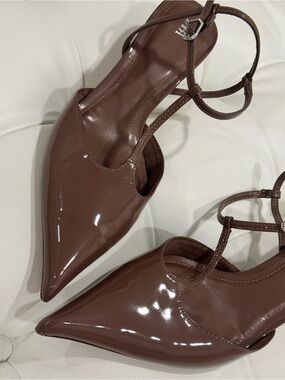 Zara Brown Glossy Patent Strappy Kitten Heels